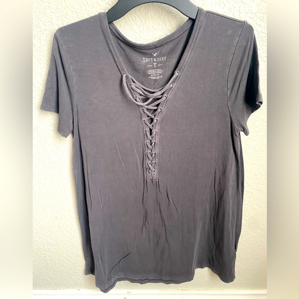 American Eagle Grey Lace Up Top